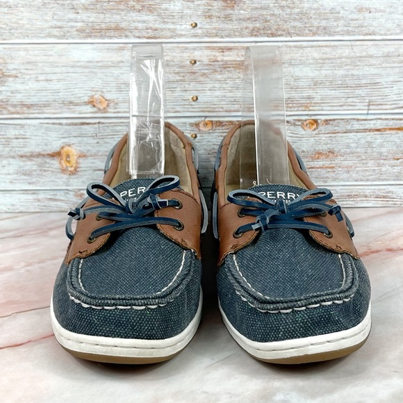 Sperry Firefish Top-Sider Blue Glitter Canvas with Tan Leather trim - Picture 3 of 9